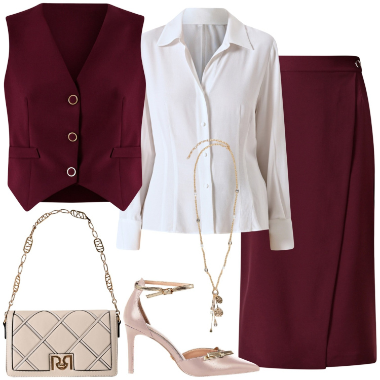 Outfit donna - Matrimonio autunnale in saldo!. Stile Chic per Cerimonia. Abbinamento con gonne, borse a tracolla, gilet, camicie, décolleté, ciondoli.