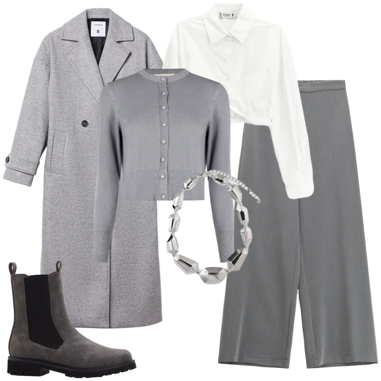 Outfit donna - Total grey. Stile Mannish per Ufficio. Abbinamento con stivaletti chelsea, cappotti, camicie, cardigans, pantaloni a palazzo, ciondoli.