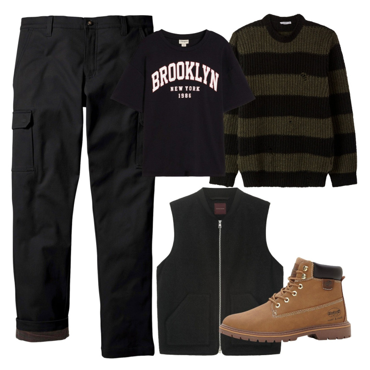 Outfit uomo - Tra vigne e colline!. Stile Casual per Tutti i giorni. Abbinamento con pantaloni cargo, t-shirt, stivali e stivaletti, maglieria, giacche.
