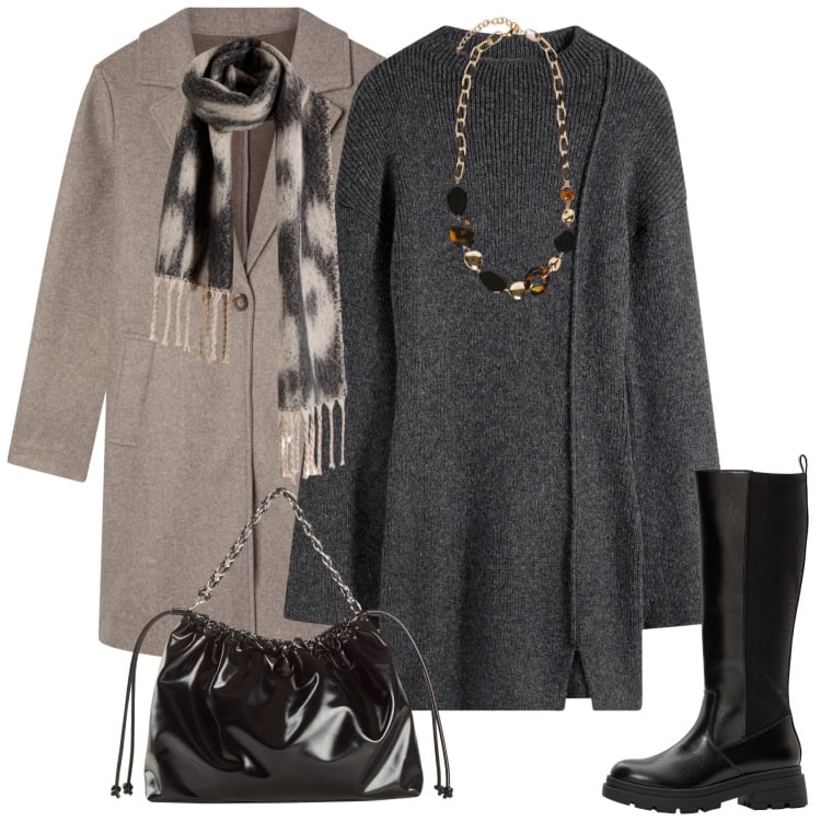 Outfit donna - Fall. Stile Casual chic per Tutti i giorni. Abbinamento con vestiti corti, shopping bag, sciarpe, stivali, cappotti, collane.