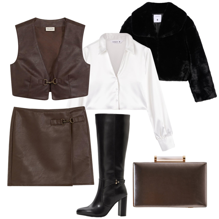 Outfit donna - Completo mini/gilet a cena. Stile Chic per Serata fuori. Abbinamento con stivali, gilet, gonne, camicie, ecopellicce, clutch.