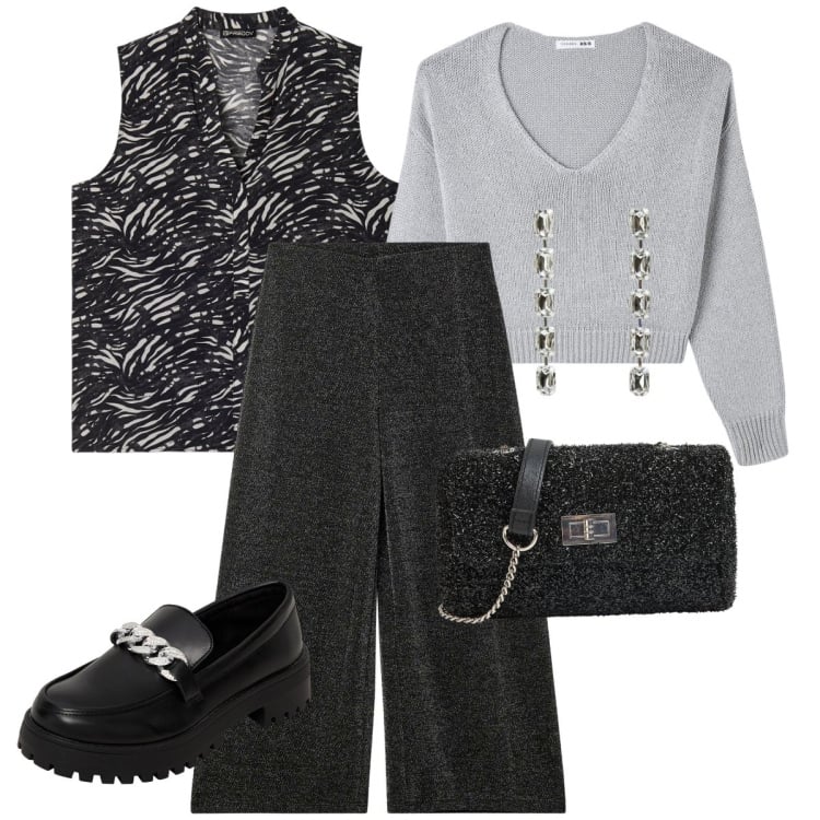 Outfit donna - Serata con gli amici. Stile Glamour per Serata fuori. Abbinamento con pantaloni culotte, mocassini, borse a tracolla, maglieria, orecchini, bluse.