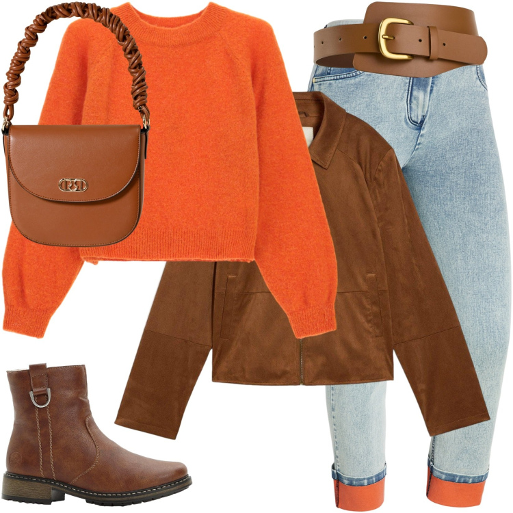 Outfit donna - Jeans d\'autunno. Stile Casual per Tutti i giorni. Abbinamento con blazer, stivaletti, cinture, borse a mano, maglieria, jeans dritti.