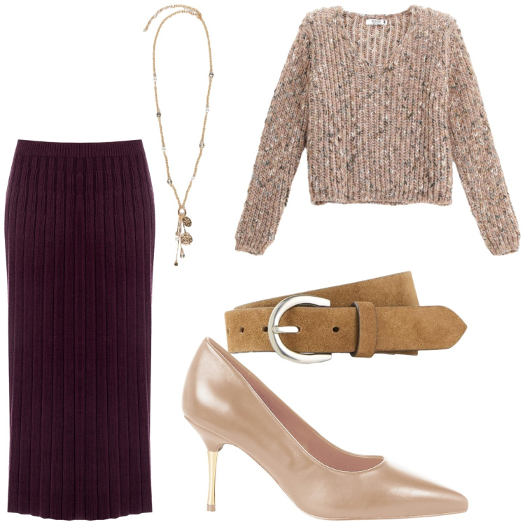 Outfit donna - Cena in famiglia. Stile Bon Ton per Serata fuori. Abbinamento con cinture, maglieria, gonne longuette, décolleté, ciondoli.
