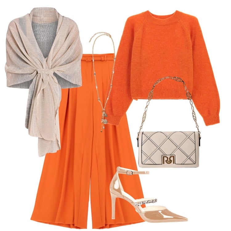 Outfit donna - Arancione non ti temo. Stile Casual chic per Serata fuori. Abbinamento con stole, borse a tracolla, décolleté, pantaloni a palazzo, maglieria, ciondoli.