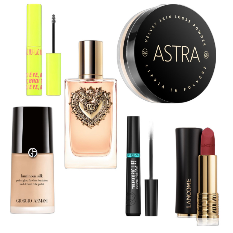 Outfit donna - Essentials. Abbinamento con profumi, rossetti, mascara, fondotinta, ciprie, mascara.