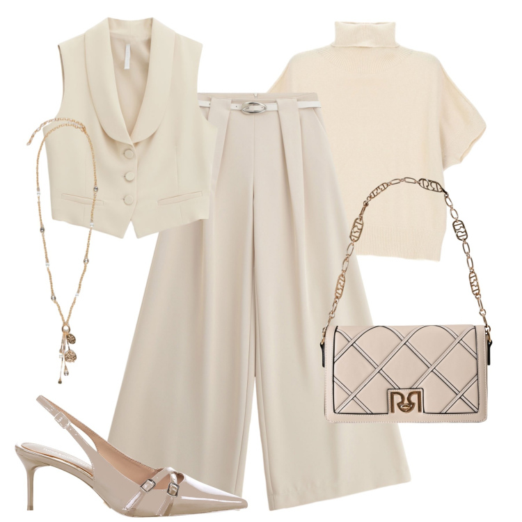 Outfit donna - Eleganza burro, gesso, beige. Stile Chic per Serata fuori. Abbinamento con décolleté, borse a tracolla, pantaloni a palazzo, gilet, maglieria, ciondoli.