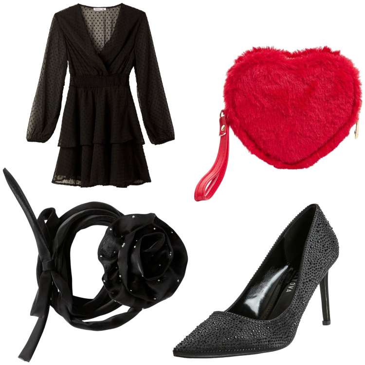 Outfit donna - Sabato romantico. Stile Romantica per Serata fuori. Abbinamento con décolleté, portafogli, collane, vestiti corti.