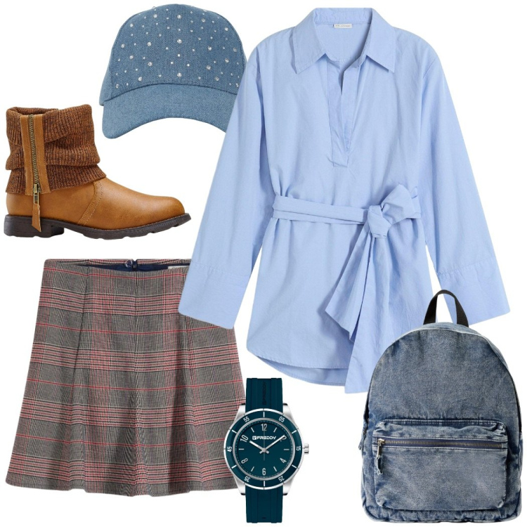 Outfit donna - A scuola con stile. Stile Preppy per Scuola/Università. Abbinamento con stivaletti, minigonne, camicie, cappelli, zaini, orologi.