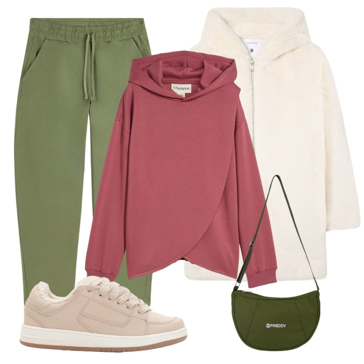 Outfit donna - Felpa rosa. Stile Casual per Tutti i giorni. Abbinamento con sneakers, felpe con cappuccio, cappotti, borse a spalla, pantaloni.