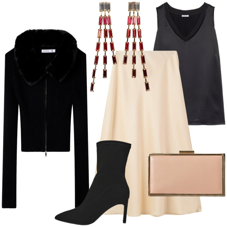 Outfit donna - A cena fuori. Stile Bon Ton per Serata fuori. Abbinamento con orecchini, gonne lunghe, cardigans, stivali, pochette, top.