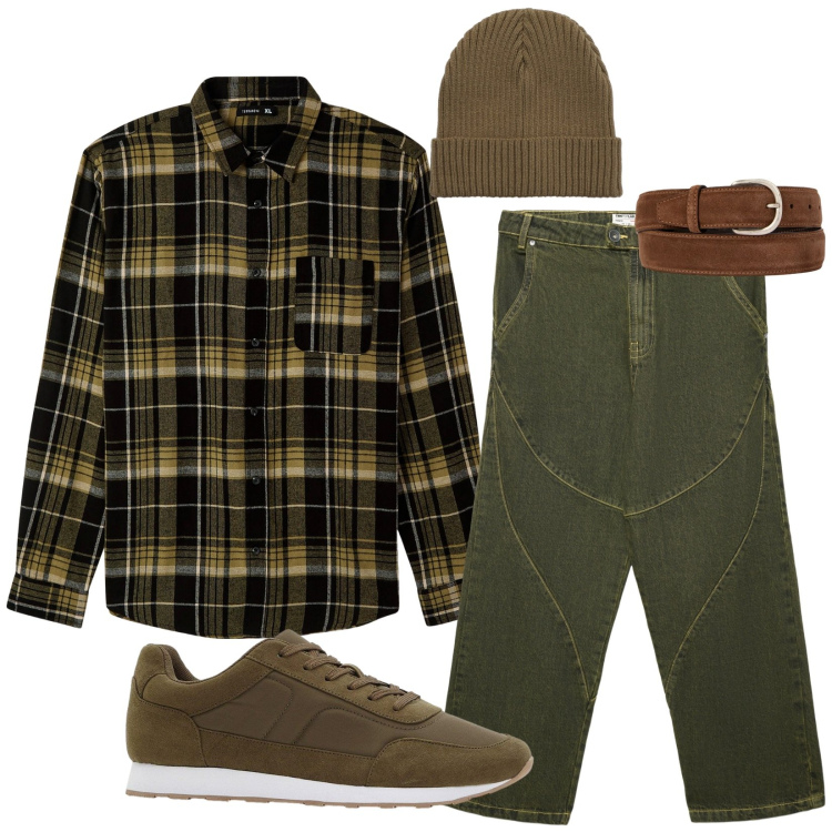 Outfit uomo - Tra gli ulivi. Stile Casual per Tutti i giorni. Abbinamento con sneakers, camicie, berretti, jeans dritti, cinture.