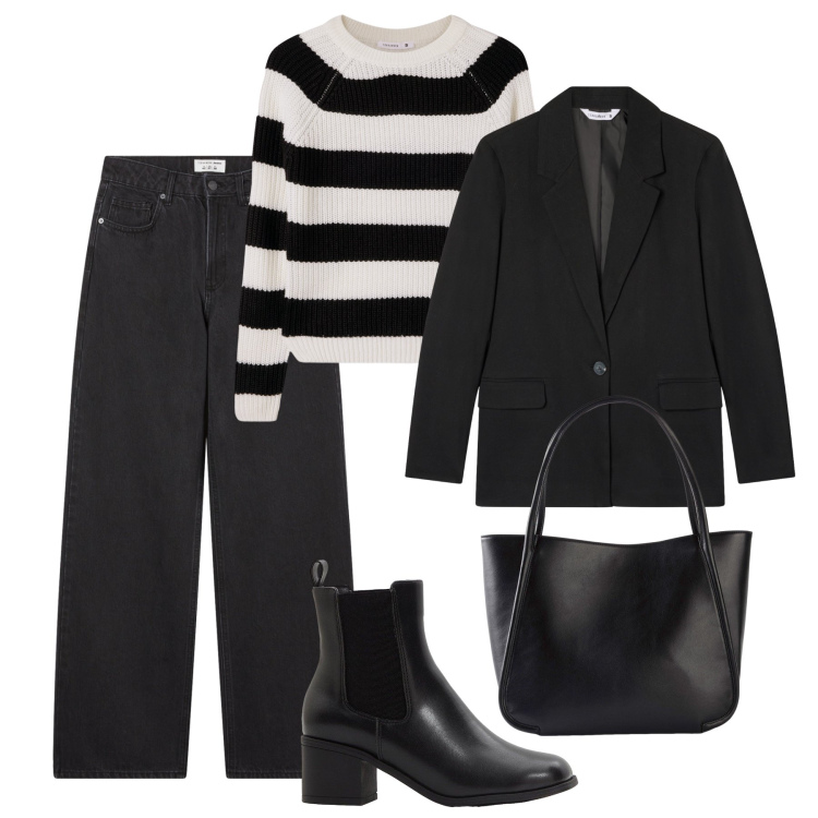 Outfit donna - Minimal in black. Stile Minimal per Tutti i giorni. Abbinamento con shopping bag, stivaletti, jeans, maglieria, blazer.