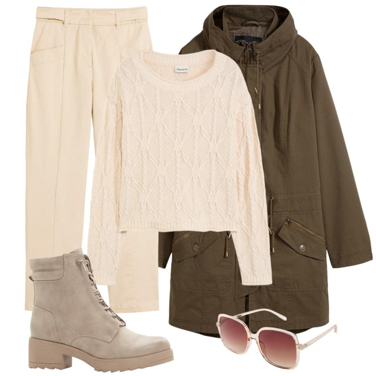 Outfit donna - Total look #2267217. Stile Casual per Tutti i giorni. Abbinamento con parka, pantaloni, stivaletti, occhiali da sole, maglieria.