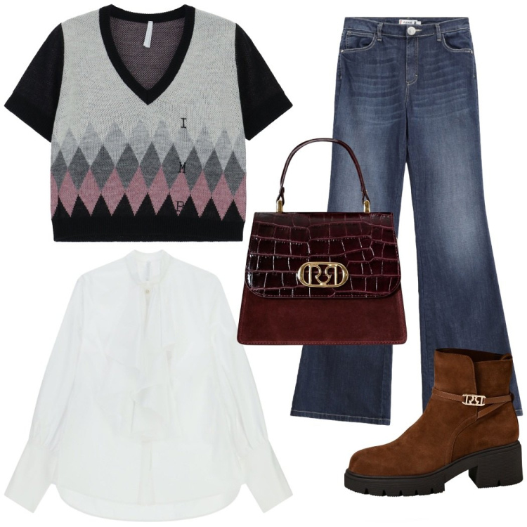 Outfit donna - Total look #2267219. Stile Preppy per Serata fuori. Abbinamento con jeans a zampa, stivaletti, borse a mano, maglieria, camicie.