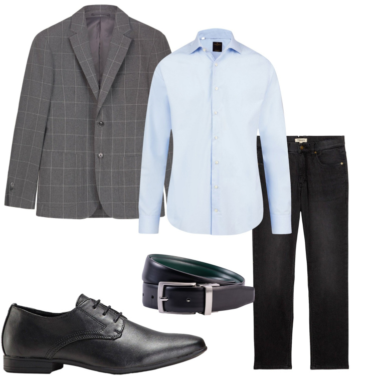 Outfit uomo - In ufficio. Stile Business/Elegante per Ufficio. Abbinamento con jeans, scarpe stringate, camicie, cinture, giacche.