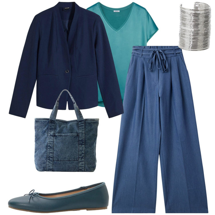 Outfit donna - Total look #2267224. Stile Casual per Tutti i giorni. Abbinamento con blazer, shopping bag, ballerine, jeans, braccialetti, bluse.