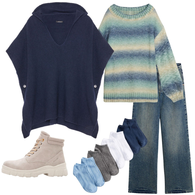 Outfit donna - Passeggiata nel parco. Stile Casual per Tutti i giorni. Abbinamento con jeans, calzini, stivaletti, maglieria, maglieria.