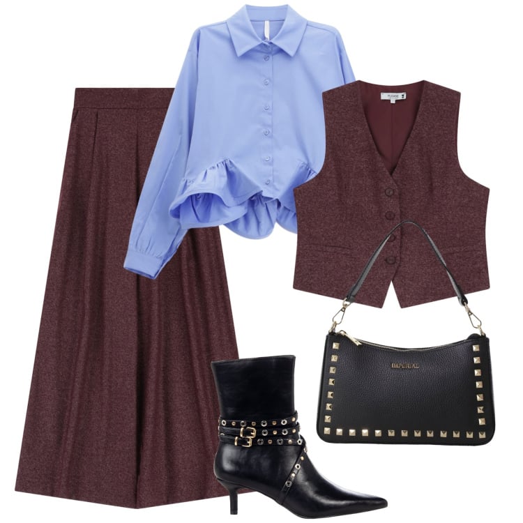 Outfit donna - Bordeaux e celeste al lavoro. Stile Glamour per Ufficio. Abbinamento con pantaloni a palazzo, gilet, stivaletti, camicie, pochette.