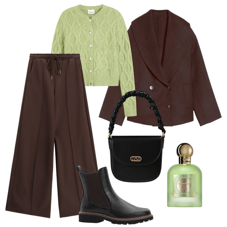 Outfit donna - Nuovi abbinamenti. Stile Casual chic per Tutti i giorni. Abbinamento con caban, cardigans, stivaletti chelsea, profumi, borse a mano, pantaloni a palazzo.