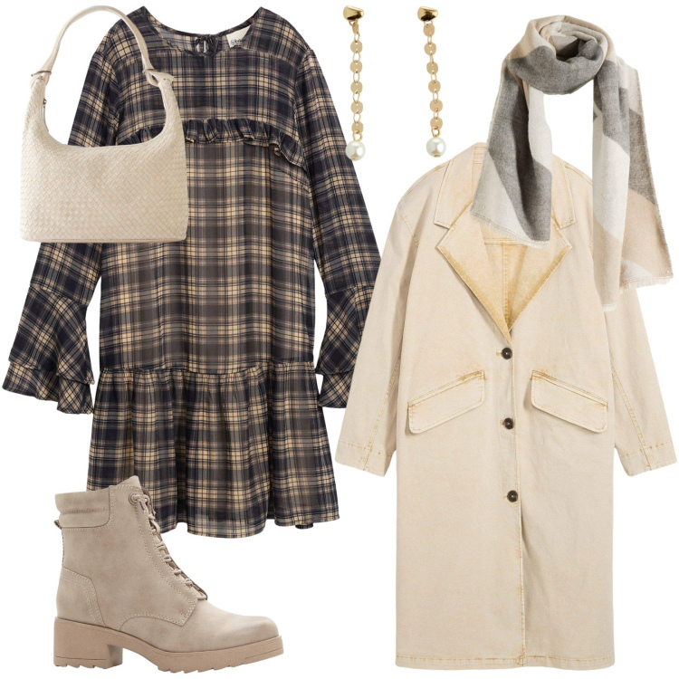 Outfit donna - Neutro su vestito a quadri. Stile Casual chic per Tutti i giorni. Abbinamento con vestiti, shopping bag, stivaletti, trench, orecchini, foulard.