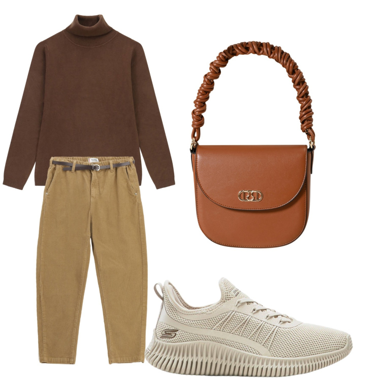 Outfit donna - Aperitivo. Stile Trendy per Tutti i giorni. Abbinamento con sneakers, borse a mano, pantaloni chino, maglieria.