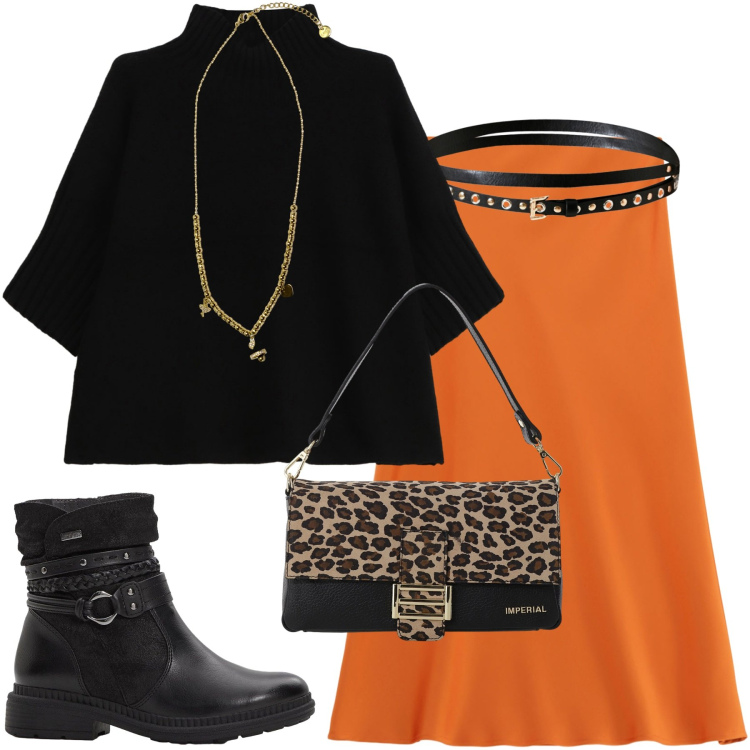 Outfit donna - Passeggiata tra le foglie. Stile Romantica per Tutti i giorni. Abbinamento con stivaletti, cinture, gonne longuette, borse a spalla, maglieria, ciondoli.
