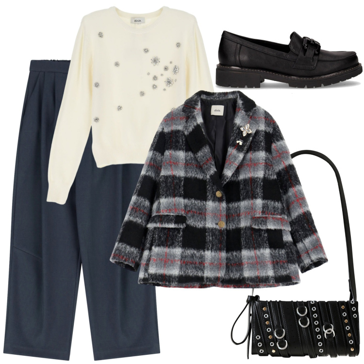 Outfit donna - La giacca in lana. Stile Casual per Tutti i giorni. Abbinamento con blazer, pantaloni a palazzo, maglieria, borse a spalla, mocassini.