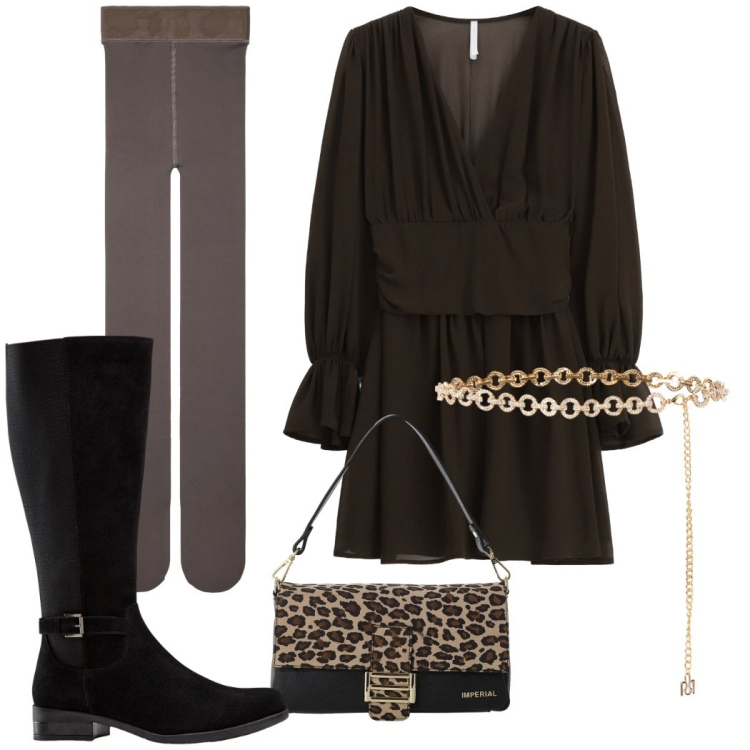 Outfit donna - Festa di compleanno. Stile Chic per Serata fuori. Abbinamento con stivali, collant, cinture, vestiti corti, borse a spalla.