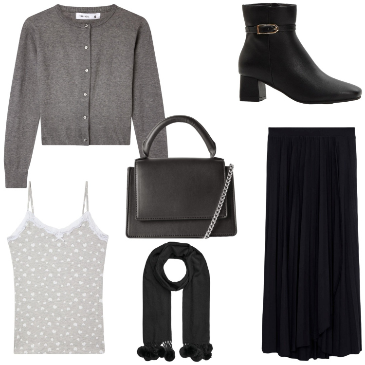 Outfit donna - Workwear. Stile Chic per Ufficio. Abbinamento con stivaletti, gonne lunghe, magliette intime, borse a tracolla, cardigans, sciarpe.