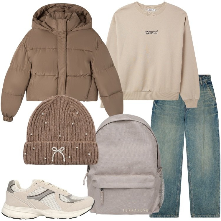 Outfit donna - Terranova - MID SEASON SALE. Stile Casual per Scuola/Università. Abbinamento con felpe, zaini, bomber, sneakers, jeans, berretti.