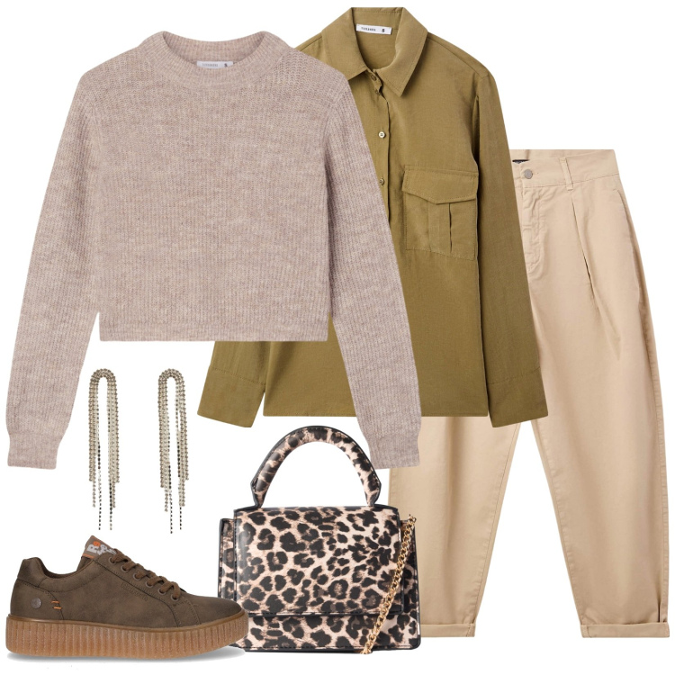 Outfit donna - Pranzo in famiglia. Stile Trendy per Tutti i giorni. Abbinamento con pantaloni, camicie, maglieria, orecchini, borse a tracolla, sneakers.