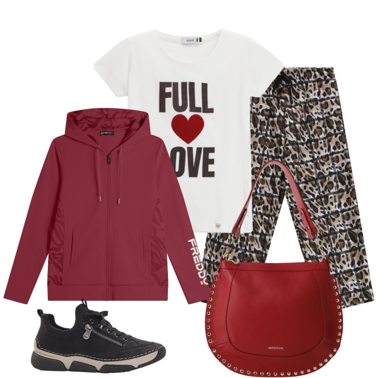 Outfit donna - Oggi domenica per le vie del centro. Stile Casual chic per Tutti i giorni. Abbinamento con sneakers, t-shirt, pantaloni a palazzo, borse a spalla, felpe con cappuccio.