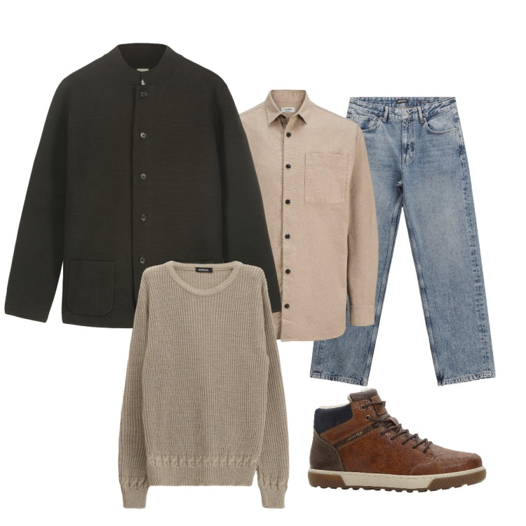 Outfit uomo - In ufficio. Stile Business/Elegante per Ufficio. Abbinamento con camicie, sneakers alte, jeans dritti, maglieria, giacche.