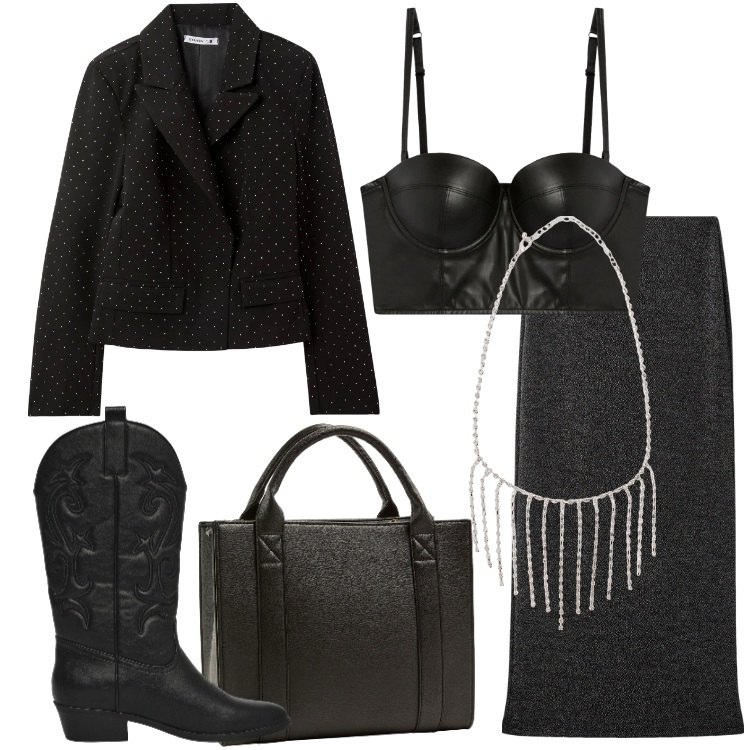 Outfit donna - Terranova - MID SEASON SALE. Stile Rock per Serata fuori. Abbinamento con collane, gonne lunghe, borse tote, blazer, bralette, stivaletti texani.