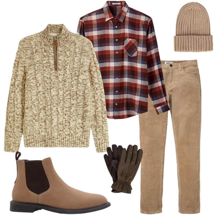 Outfit uomo - Weekend in campagna. Stile Casual per Tutti i giorni. Abbinamento con maglieria, pantaloni, stivali e stivaletti, camicie, berretti, guanti.