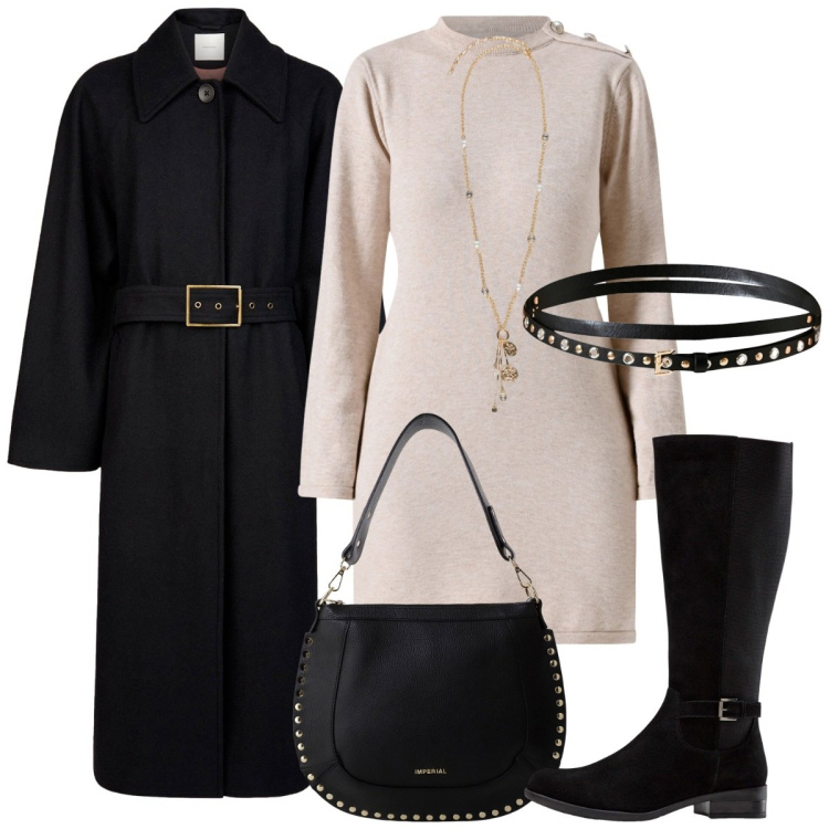 Outfit donna - Serata fuori. Stile Basic per Serata fuori. Abbinamento con stivali, vestiti corti, cinture, borse a spalla, cappotti, ciondoli.