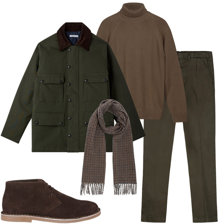 Outfit uomo - Colori autunnali. Stile Urban per Tutti i giorni. Abbinamento con eskimo, pantaloni, stivali e stivaletti, sciarpe, pullovers.