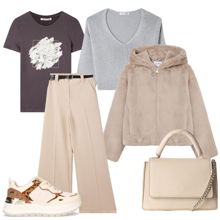 Outfit donna - Total look #2267269. Stile Casual per Tutti i giorni. Abbinamento con ecopellicce, maglieria, pantaloni, borse a tracolla, t-shirt, sneakers.
