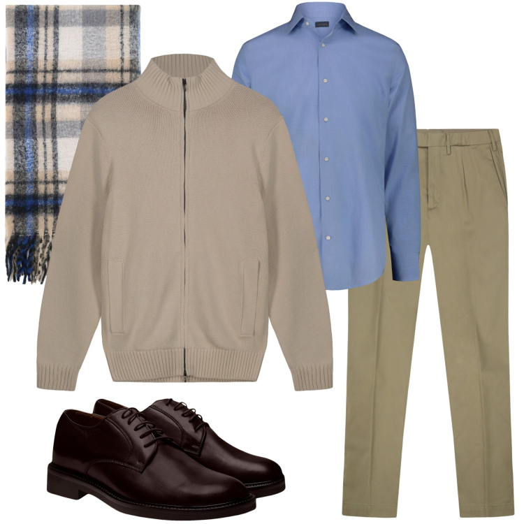 Outfit uomo - In ufficio. Stile Business/Elegante per Ufficio. Abbinamento con sciarpe, cardigans, pantaloni, camicie, scarpe stringate.
