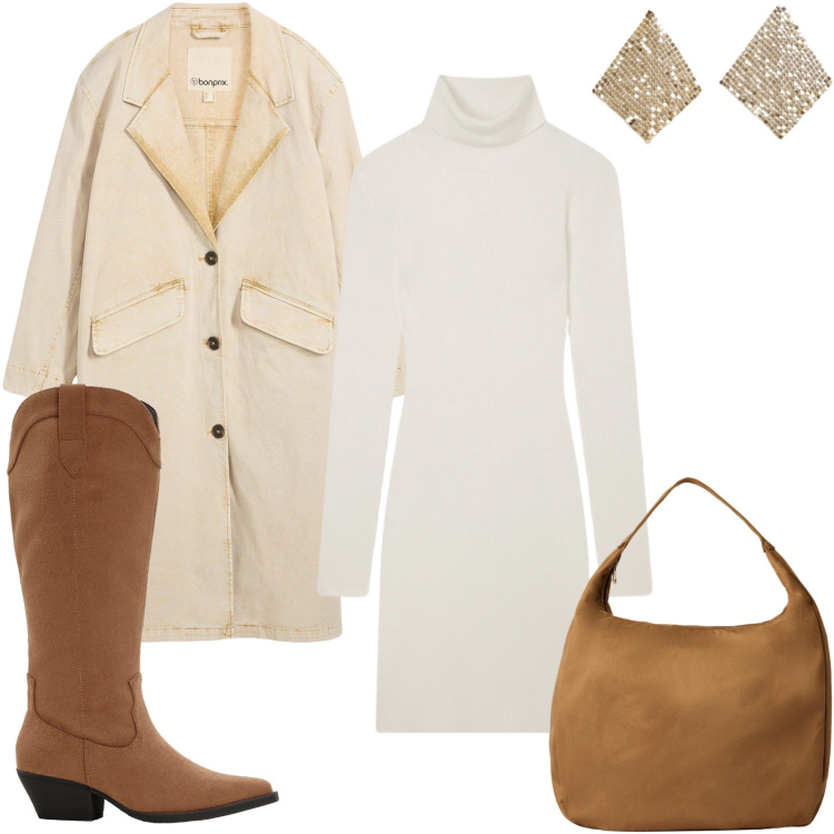 Outfit donna - Vestito e trench lungo. Stile Casual chic per Tutti i giorni. Abbinamento con trench, stivali, orecchini, borse a mano, vestiti corti.