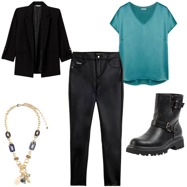 Outfit donna - Look rock. Stile Rock per Serata fuori. Abbinamento con blazer, stivaletti, pantaloni skinny, bluse, collane.