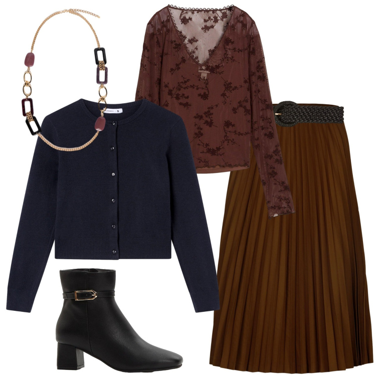Outfit donna - Marrone e nero. Stile Boho per Serata fuori. Abbinamento con bluse, stivaletti, cinture, cardigans, gonne longuette, collane.