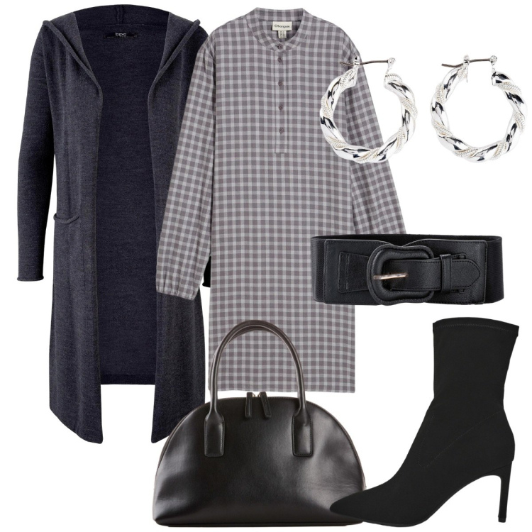 Outfit donna - Cardigan lungo. Stile Basic per Serata fuori. Abbinamento con cardigans, cinture, orecchini, shopping bag, vestiti corti, stivali.