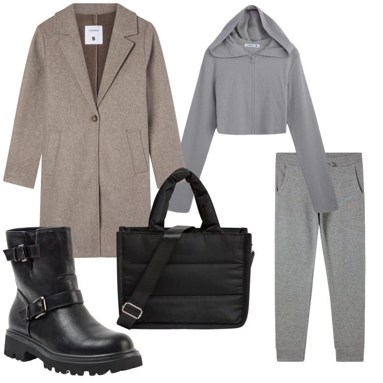Outfit donna - Total look #2267277. Stile Casual per Tutti i giorni. Abbinamento con shopping bag, felpe con cappuccio, cappotti, stivaletti, pantaloni.