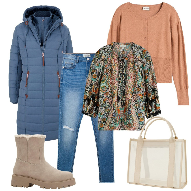 Outfit donna - Lunedì così. Stile Basic per Tutti i giorni. Abbinamento con blazer, bluse, cardigans, stivaletti, jeans strappati, borse tote.