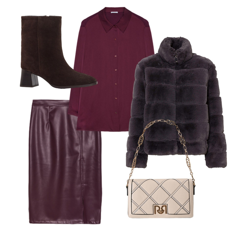 Outfit donna - Monocolore. Stile Glamour per Serata fuori. Abbinamento con ecopellicce, stivaletti, borse a tracolla, camicie, gonne longuette.