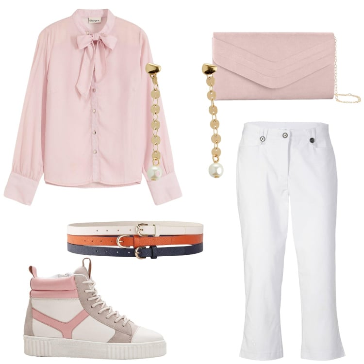 Outfit donna - Natural. Stile Casual per Tutti i giorni. Abbinamento con cinture, camicie, pochette, pantaloni capri, sneakers alte, orecchini.