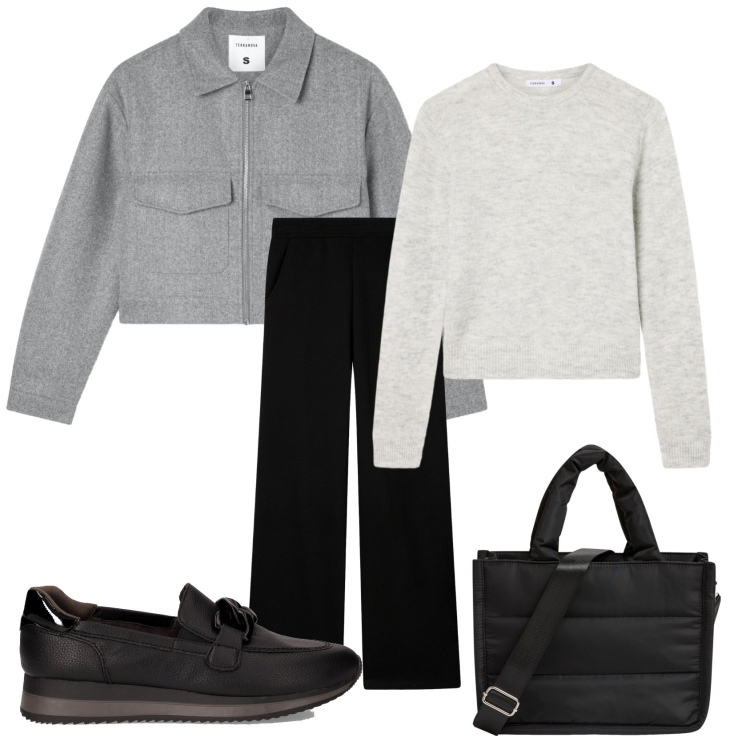 Outfit donna - La giacca sportiva. Stile Basic per Tutti i giorni. Abbinamento con shopping bag, blazer, pantaloni, maglieria, mocassini.