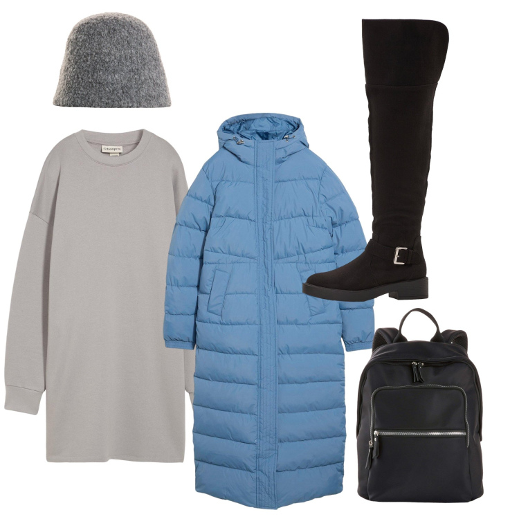 Outfit donna - Cielo e grigio. Stile Casual per Tutti i giorni. Abbinamento con vestiti, cappotti, stivali sopra il ginocchio, cappelli, zaini.